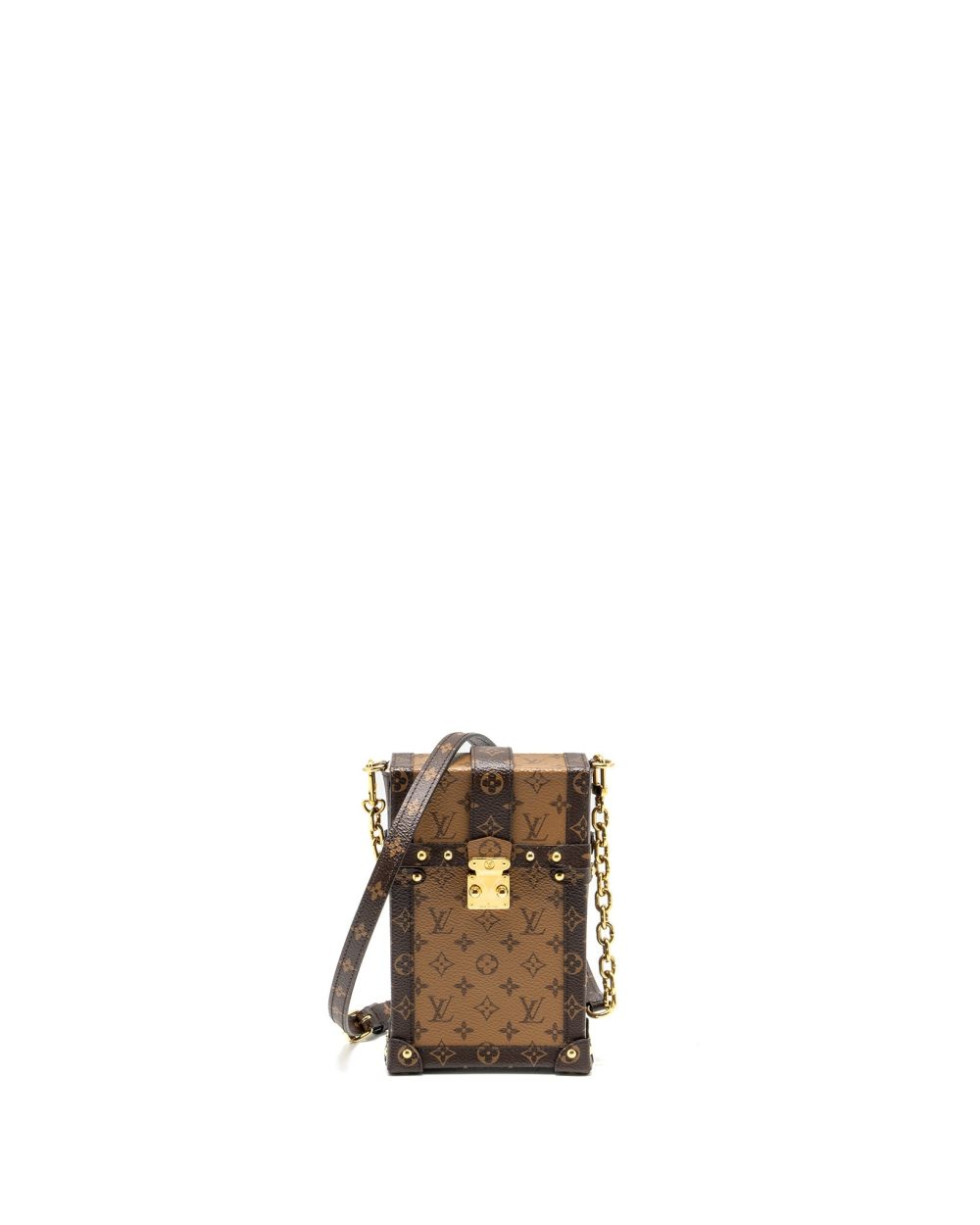 AAA Replica Louis Vuitton LV VERTICAL TRUNK POCHETTE WITH CHAIN MONOGRAM REVERSE CANVAS GHW