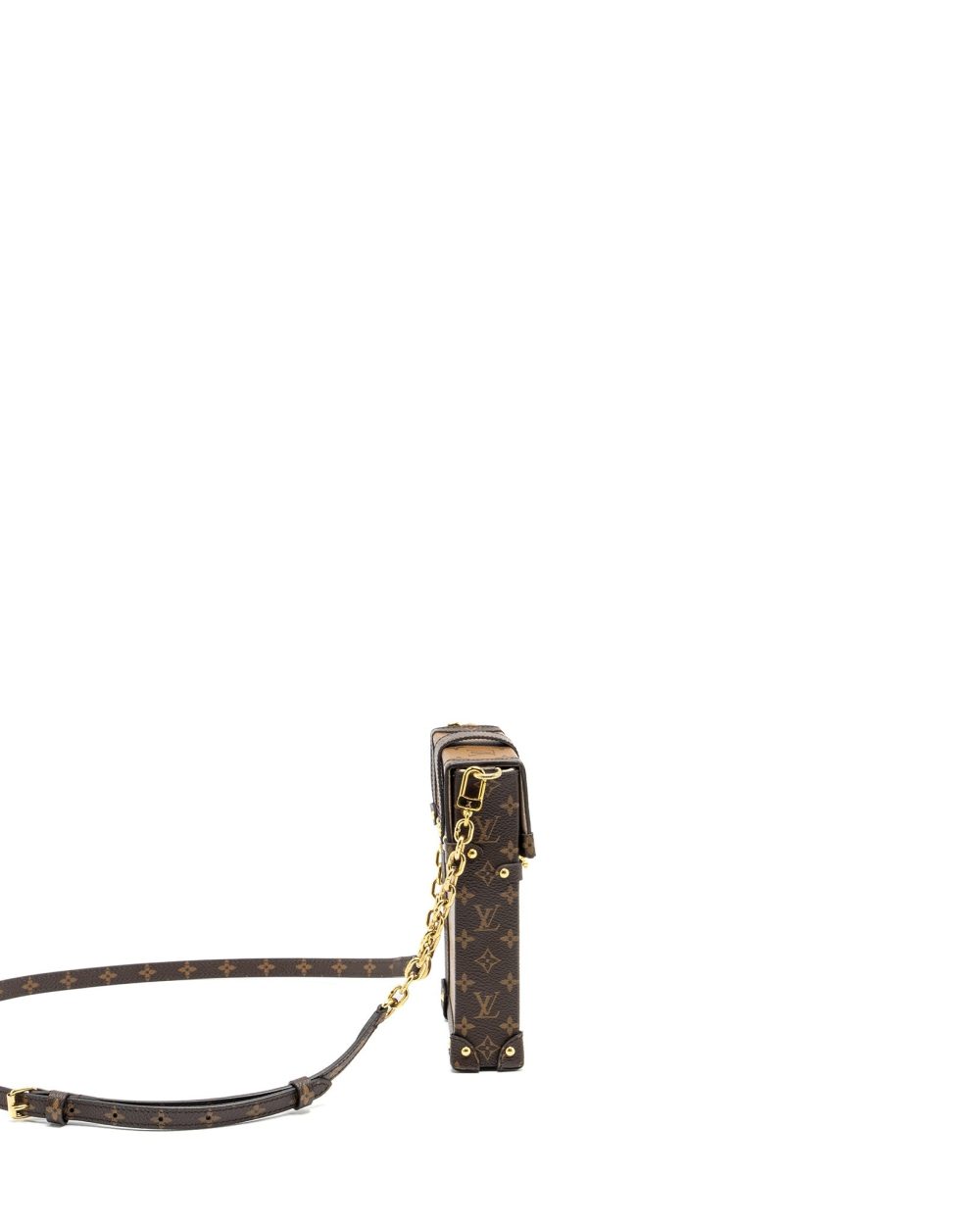 AAA Replica Louis Vuitton LV VERTICAL TRUNK POCHETTE WITH CHAIN MONOGRAM REVERSE CANVAS GHW