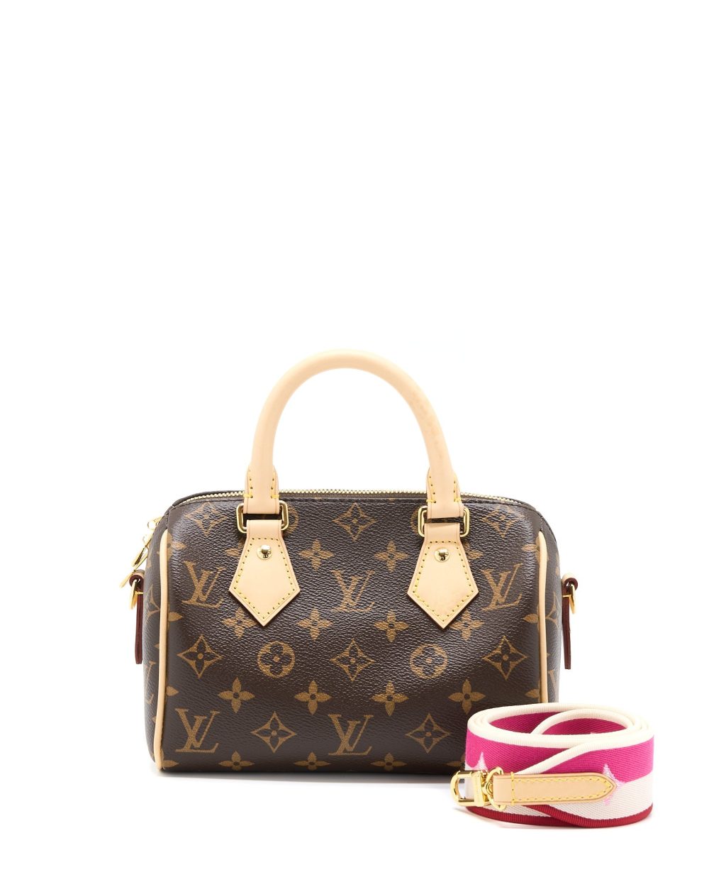 AAA Replica Louis Vuitton LV SPEEDY BANDOULIERE 20 MONOGRAM CANVAS WITH FUCHSIA STRAP