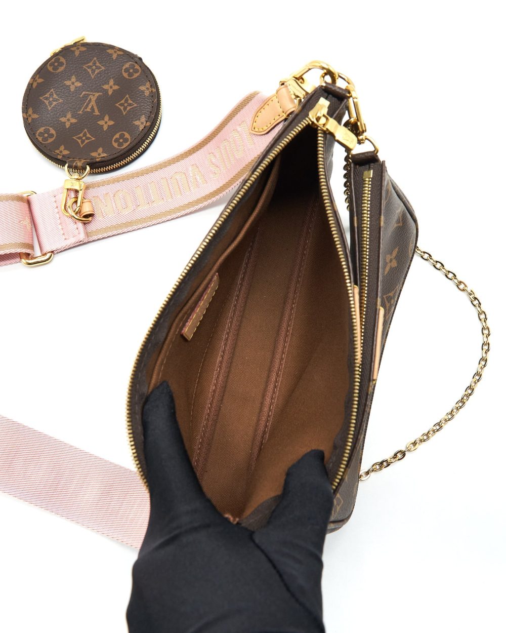 AAA Replica Louis Vuitton LV MULTI POCHETTE ACCESSORIES PINK STRAP MONOGRAM CANVAS GHW
