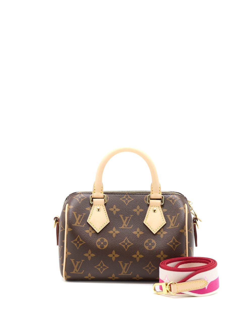 AAA Replica Louis Vuitton LV SPEEDY BANDOULIERE 20 MONOGRAM CANVAS FUCHSIA STRAP GHW
