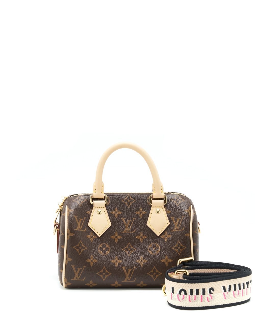 AAA Replica Louis Vuitton LV SPEEDY BANDOULIERE 20 MONOGRAM CANVAS/BLACK MULTICOLOUR STRAP