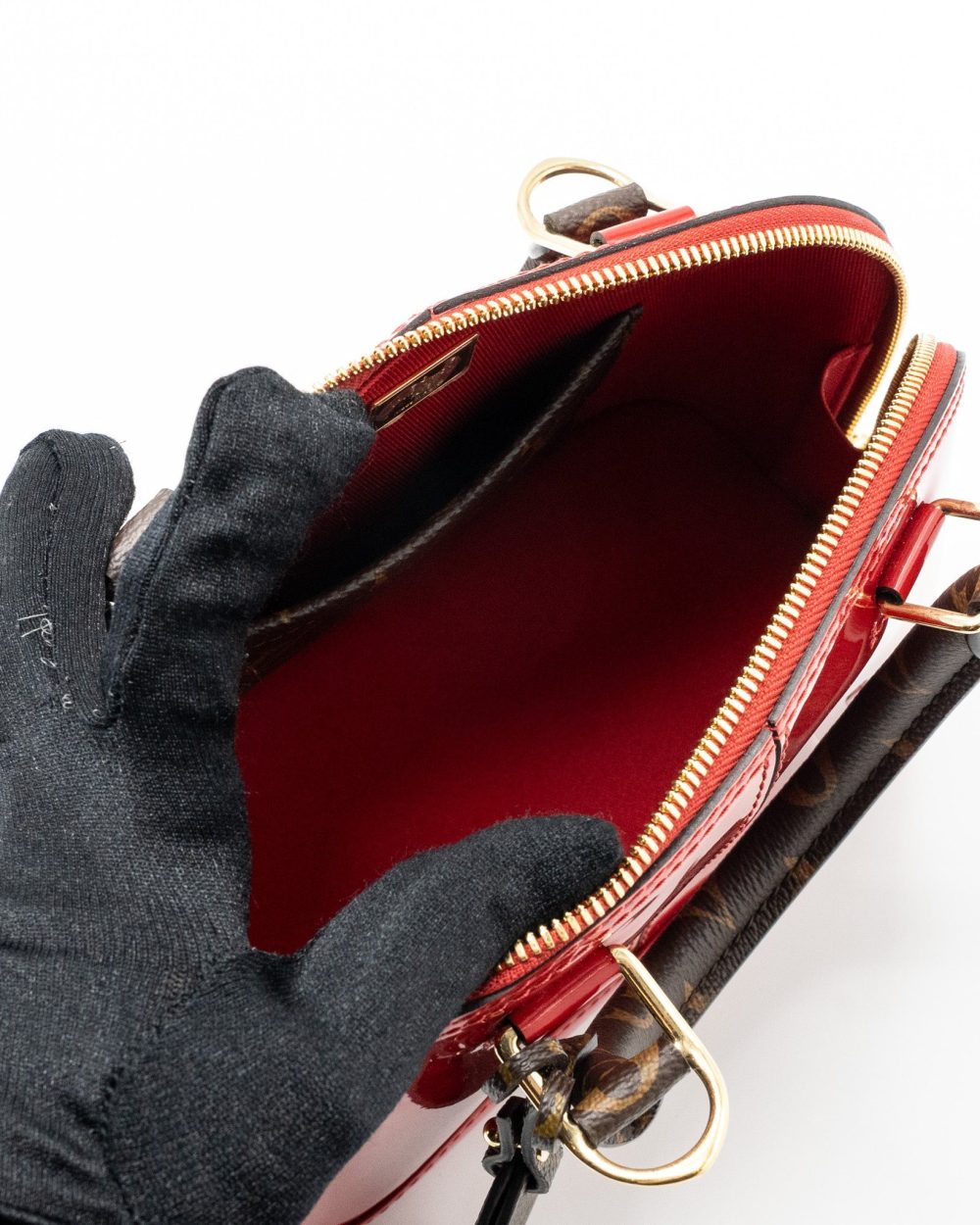 AAA Replica Louis Vuitton LV ALMA BB LIMITED EDITION VERNI MIROIR PATENT RED/MONOGRAM CANVAS GHW