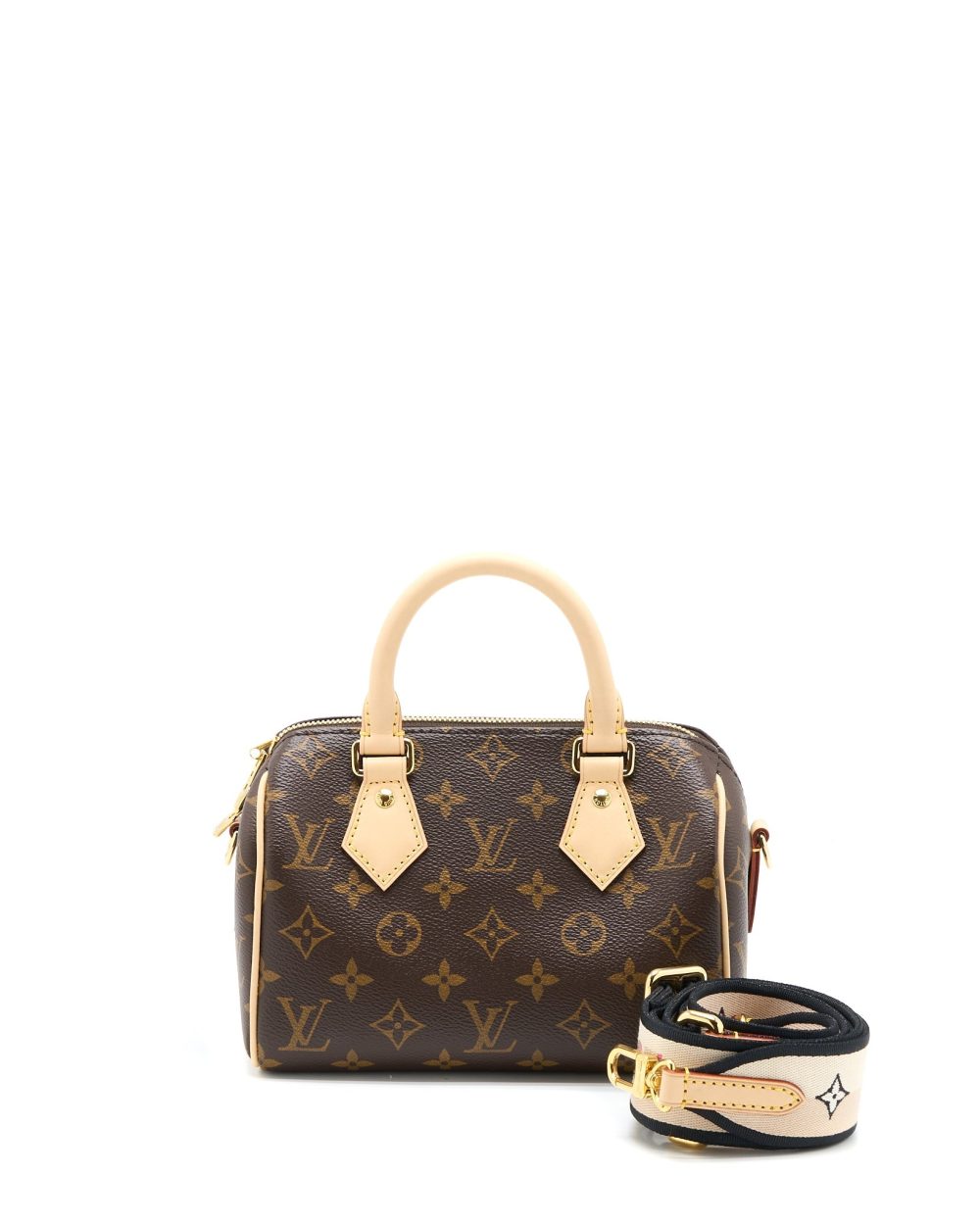 AAA Replica Louis Vuitton LV SPEEDY BANDOULIERE 20 MONOGRAM CANVAS BLACK STRAP GHW (NEW VERSION)