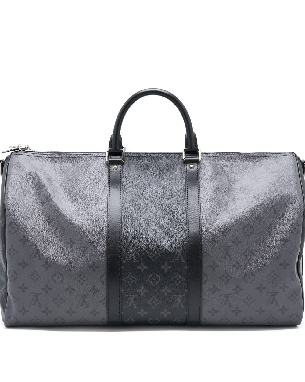 AAA Replica Louis Vuitton LV KEEPALL BANDOULIERE 50 MONOGRAM ECLIPSE CANVAS BLACK/GREY BLACK HARDWARE (NEW VERSION)